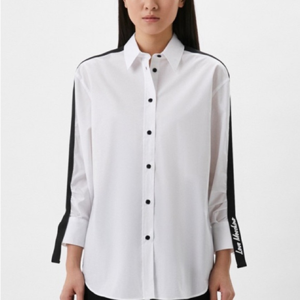 Love Moschino White Button Down Shirt with Black Ribbon